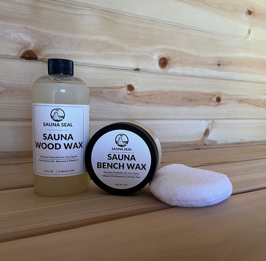 a bottle of sauna wood wax and jar of bench wax displayed with a wood sauna bench background