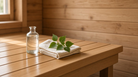 Freshly oiled cedar sauna bench in warm window light with a clear glass bottle of oil, a folded cream cloth and a sprig of green birch leaves