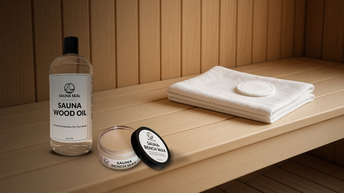 Sauna Seal Sauna Wood Oil and an open jar of Sauna Bench Wax resting on a light wood sauna bench beside a folded white towel