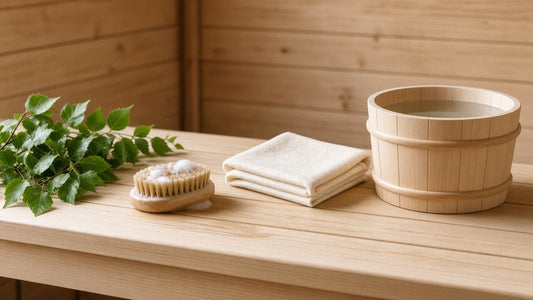 Pale aspen sauna bench with a natural bristle scrub brush, a wooden bucket of clean water, a folded cream cloth and fresh birch leaves