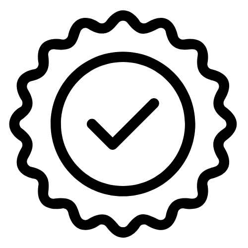 Black check mark in a wavy circle on a white background