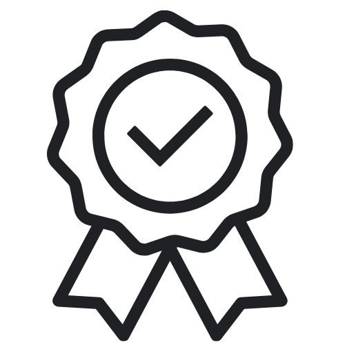 Line art of a award ribbon with a check mark inside a circle.