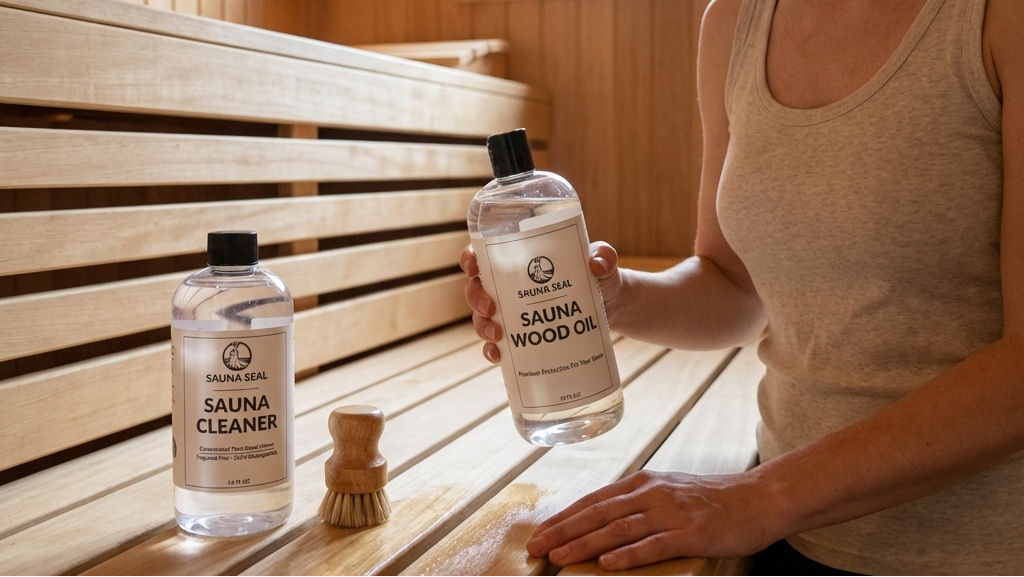 Person cleaning a wooden sauna bench with 'Sauna Seal' cleaner and oil.