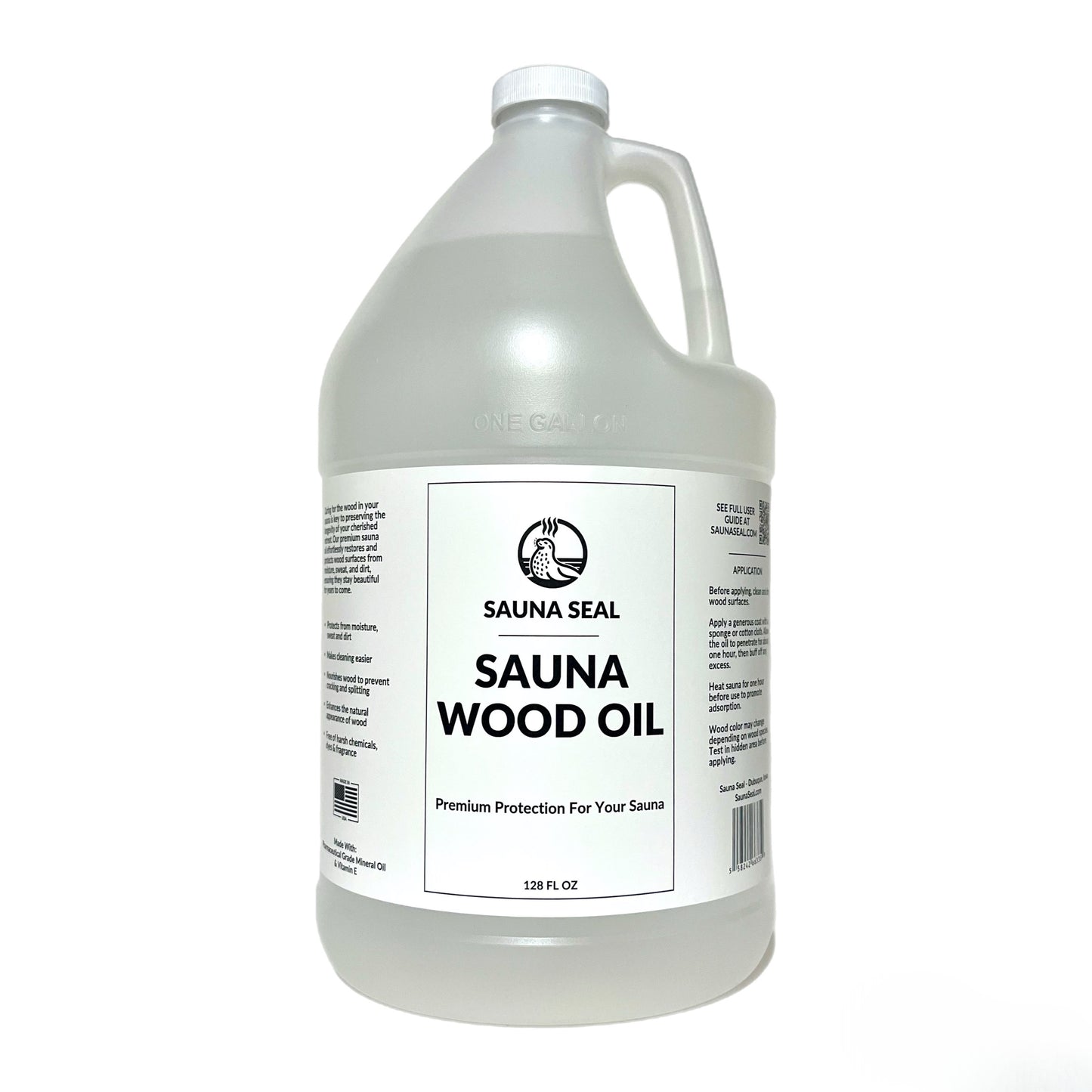 Gallon bottle of Sauna Wood Oil with a white label on a white background