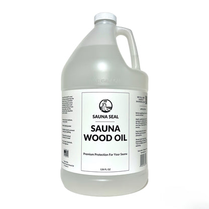 Gallon bottle of Sauna Wood Oil with a white label on a white background