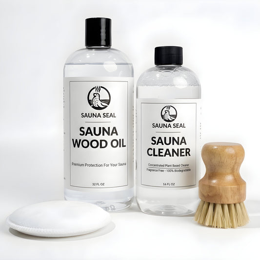 Sauna Seal Large Sauna Care Starter Kit: Sauna Wood Oil 32oz, Sauna Cleaner 16oz, applicator pad and bench scrub brush on a white background