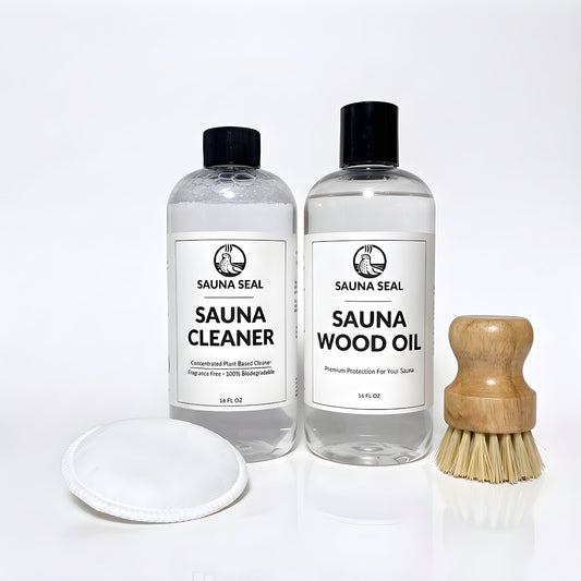 Sauna Seal Sauna Care Starter Kit: Sauna Cleaner 16oz, Sauna Wood Oil 16oz, applicator pad and bench scrub brush on a white background